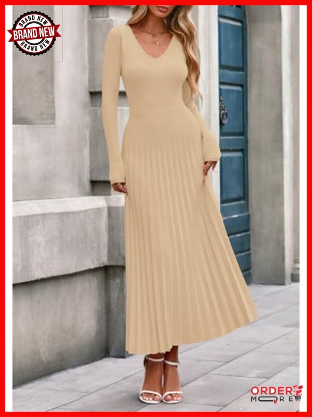 PRETTYGARDEN Sweater Dress Long Sleeve V-Neck Maxi Pleated Fit & Flare - Picture 2 of 6